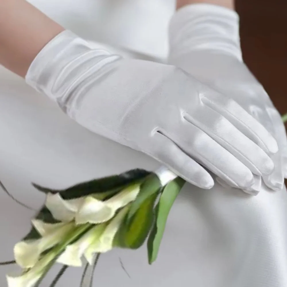 White Satin Luxury Short Gloves Wrist Length Wedding Gloves Bride Accessory Gift
